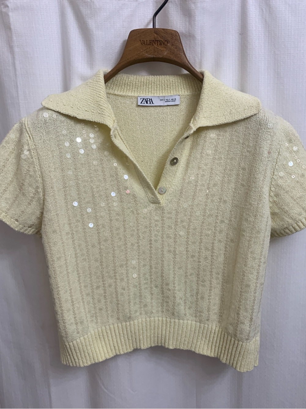 Zara Sequined Polo Sweater Ribbed Knit Crop Short Sleeve Top Butter Cream Yellow